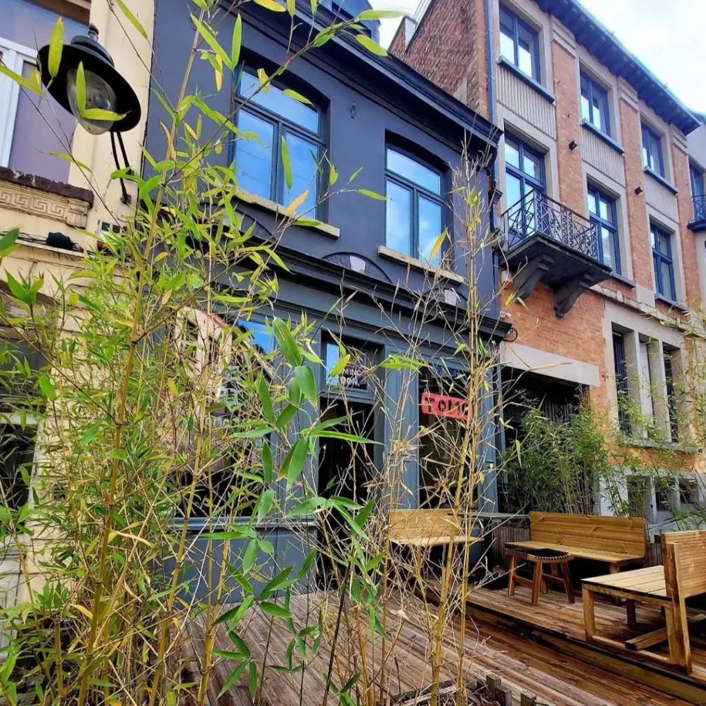 Vue extérieure du restaurant Tomo Ramen à Mons, avec terrasse et verdure.